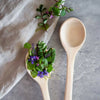 Zwei Holzlöffel, einer gefüllt mit Wildkräutern und Blüten auf Stoff – ideal zum Servieren und Anrichten.