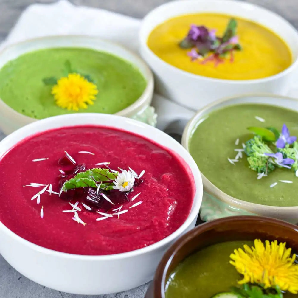 Bunte Gemüsesuppen mit Roter Bete, Brokkoli, Wildkräutern und essbaren Blüten für eine gesunde Küche.