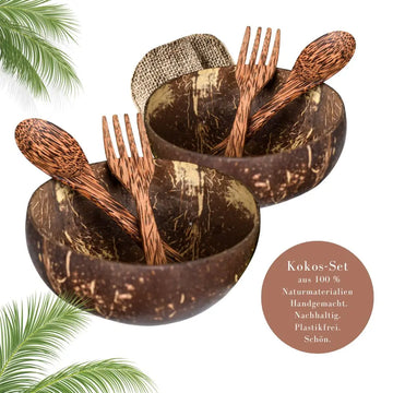 Kokos Schalen Set – 2 Schüsseln mit Löffel & Gabel, nachhaltig & plastikfrei