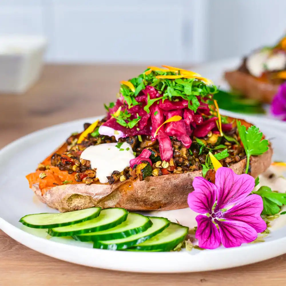 Gebackene Süßkartoffel mit Linsen, Kräutern, Rotkrautsalat und essbaren Blüten als pflanzliche Longevity-Mahlzeit im Sommer.